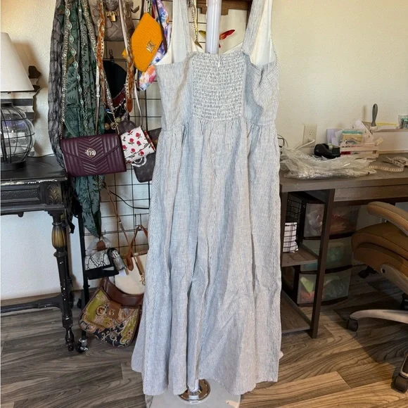 Quince 100% Linen Striped Midi Dress Pockets Blue & White NWT Size M - Picture 2 of 4